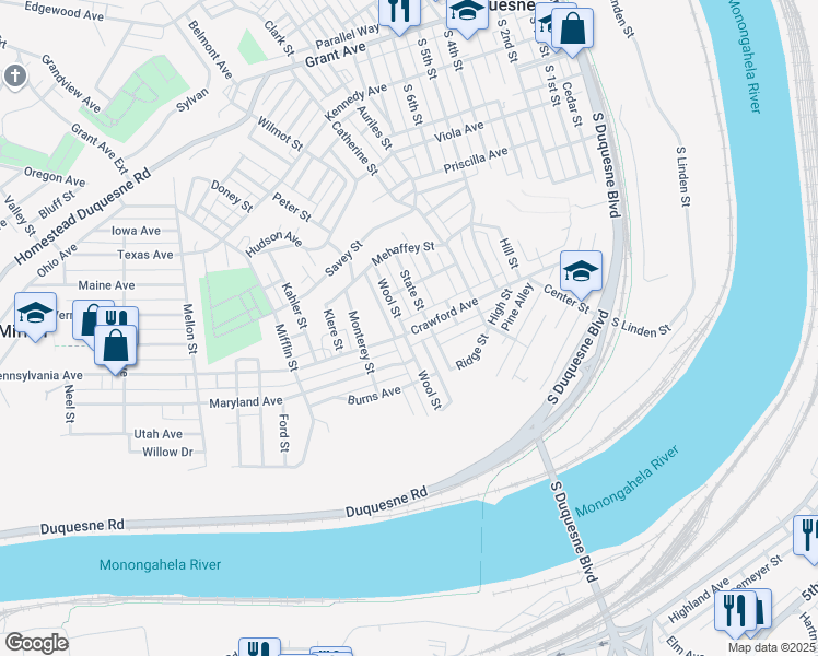map of restaurants, bars, coffee shops, grocery stores, and more near 853 Hinnerman Street in Duquesne