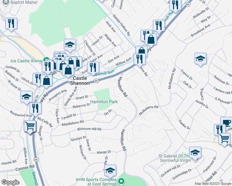 map of restaurants, bars, coffee shops, grocery stores, and more near 100 Addie Court in Pittsburgh