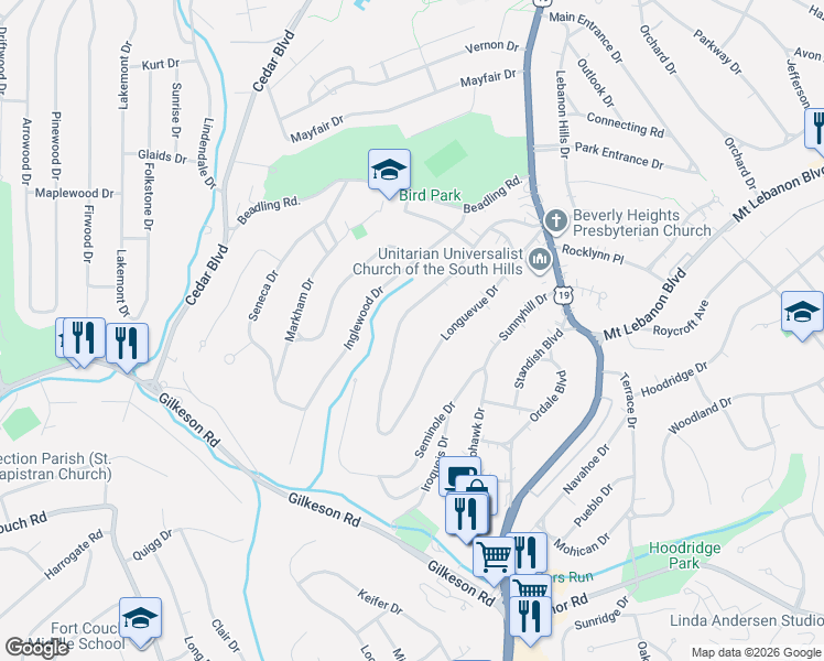 map of restaurants, bars, coffee shops, grocery stores, and more near 124 Longuevue Drive in Pittsburgh