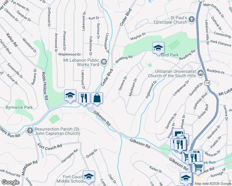 map of restaurants, bars, coffee shops, grocery stores, and more near 106 McConnells Mill Lane in Pittsburgh