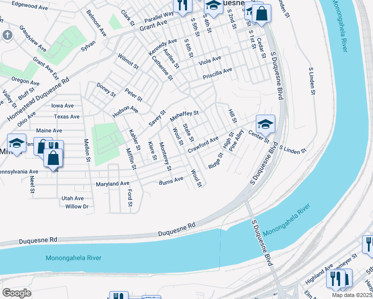 map of restaurants, bars, coffee shops, grocery stores, and more near 822 Crawford Avenue in Duquesne