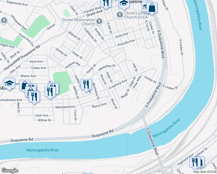 map of restaurants, bars, coffee shops, grocery stores, and more near 820 Crawford Avenue in Duquesne