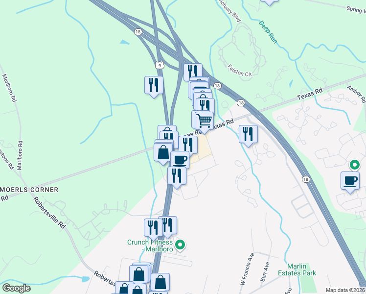 map of restaurants, bars, coffee shops, grocery stores, and more near 762 Texas Road in Old Bridge
