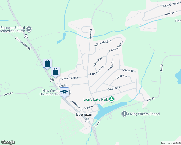 map of restaurants, bars, coffee shops, grocery stores, and more near 1 East Brookfield Drive in Lebanon