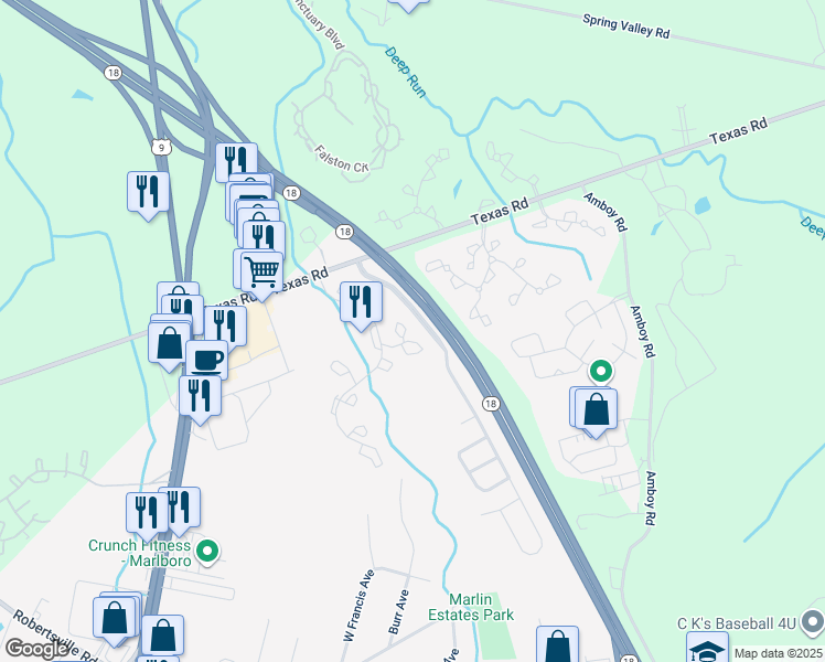 map of restaurants, bars, coffee shops, grocery stores, and more near 803 Mariposa Court in Marlboro