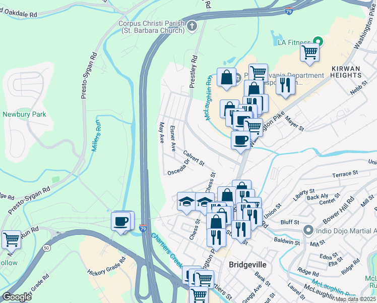 map of restaurants, bars, coffee shops, grocery stores, and more near 235 Calvert Street in Bridgeville
