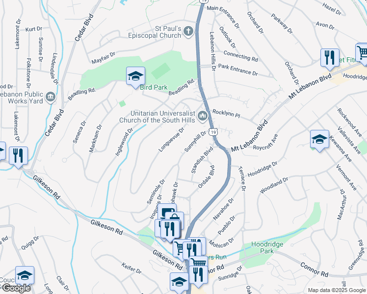 map of restaurants, bars, coffee shops, grocery stores, and more near 52 Sunnyhill Drive in Pittsburgh