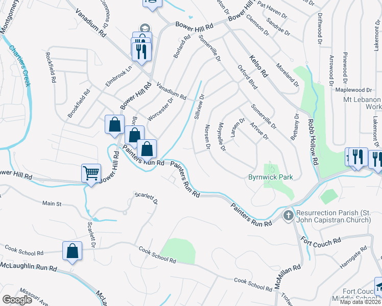 map of restaurants, bars, coffee shops, grocery stores, and more near 1792 Sillview Drive in Pittsburgh