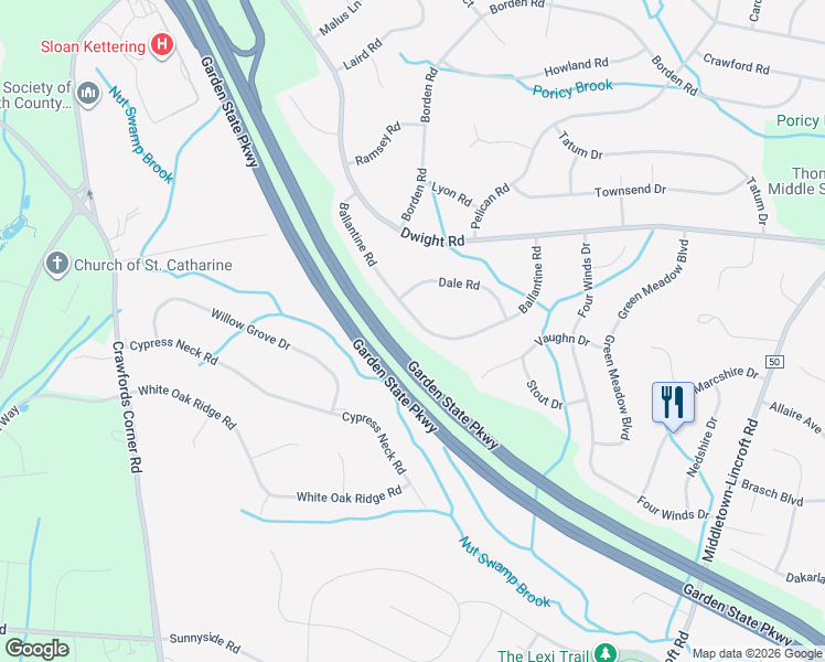 map of restaurants, bars, coffee shops, grocery stores, and more near 129 Ballantine Road in Middletown Township