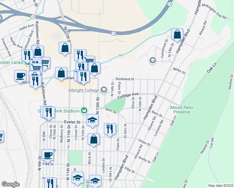 map of restaurants, bars, coffee shops, grocery stores, and more near 1908 Palm Street in Reading