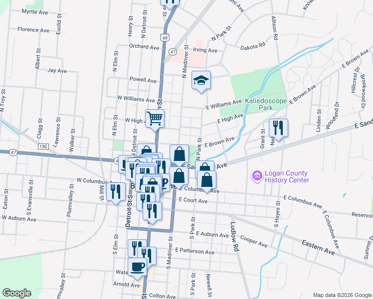map of restaurants, bars, coffee shops, grocery stores, and more near 225 Fountain Place in Bellefontaine