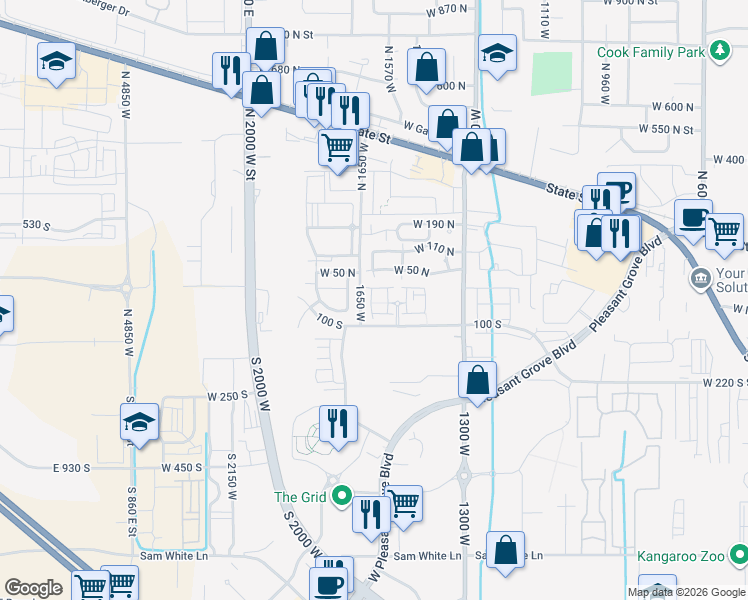 map of restaurants, bars, coffee shops, grocery stores, and more near 43 South 1630 West in Pleasant Grove