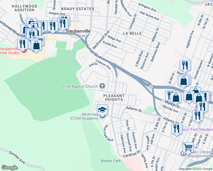 map of restaurants, bars, coffee shops, grocery stores, and more near 327 Union Avenue in Steubenville