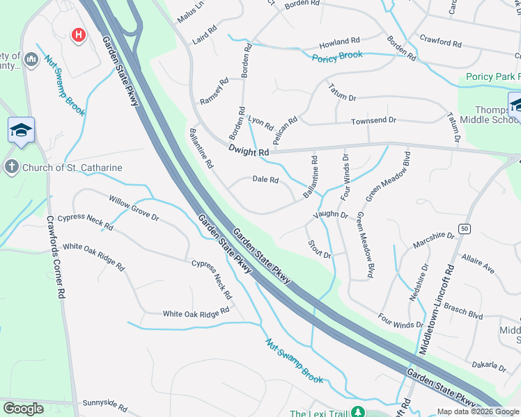 map of restaurants, bars, coffee shops, grocery stores, and more near 106 Ballantine Road in Middletown Township
