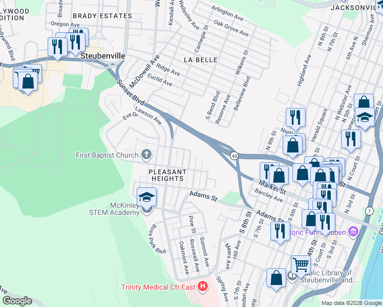 map of restaurants, bars, coffee shops, grocery stores, and more near 1302 Orchard Avenue in Steubenville