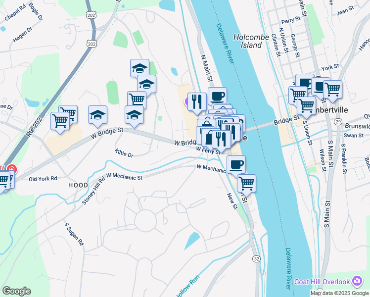 map of restaurants, bars, coffee shops, grocery stores, and more near 89 West Ferry Street in New Hope