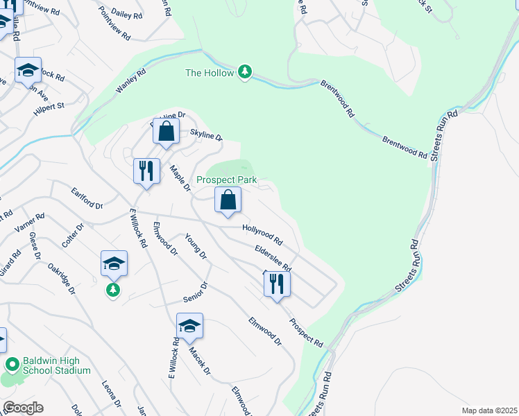 map of restaurants, bars, coffee shops, grocery stores, and more near 1612 Carmella Drive in Pittsburgh