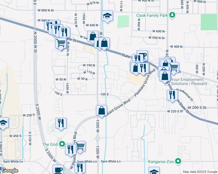 map of restaurants, bars, coffee shops, grocery stores, and more near 1211 West 20 South in Pleasant Grove