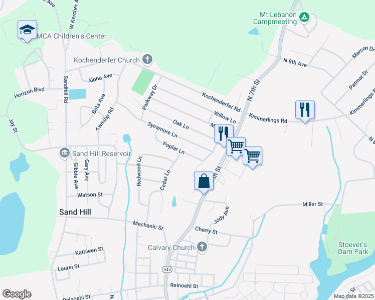 map of restaurants, bars, coffee shops, grocery stores, and more near 901 Poplar Lane in Lebanon