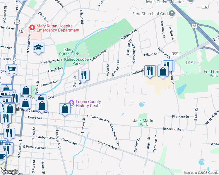 map of restaurants, bars, coffee shops, grocery stores, and more near 233 Green Tree Lane in Bellefontaine
