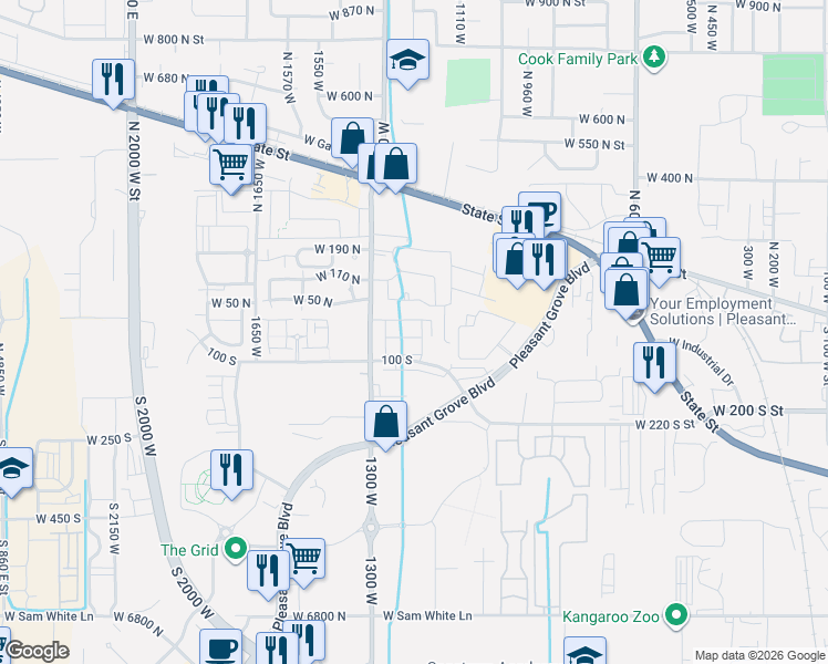 map of restaurants, bars, coffee shops, grocery stores, and more near 1211 West 20 South in Pleasant Grove