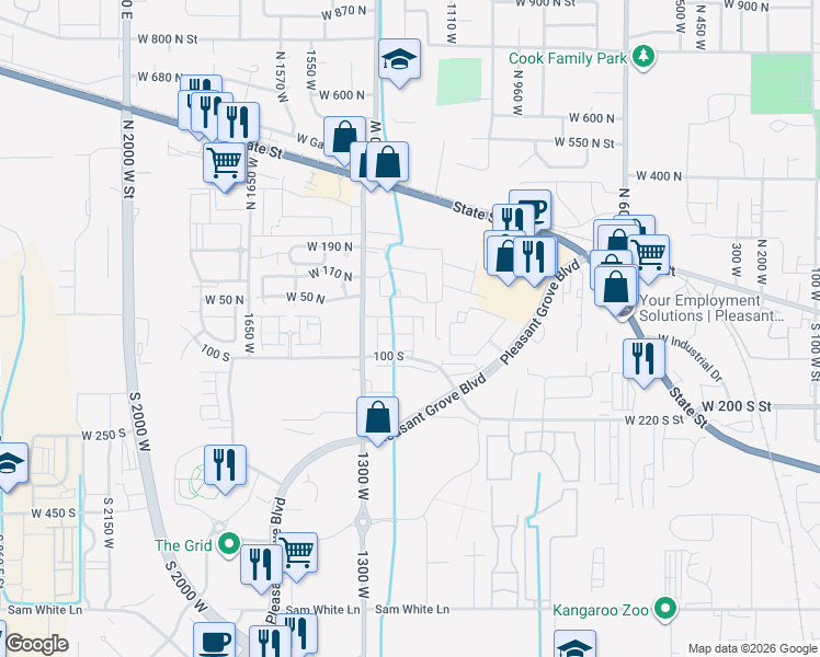 map of restaurants, bars, coffee shops, grocery stores, and more near 1209 West 20 South in Pleasant Grove