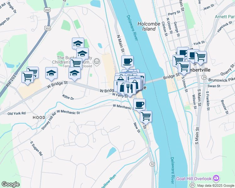 map of restaurants, bars, coffee shops, grocery stores, and more near 54 West Ferry Street in New Hope