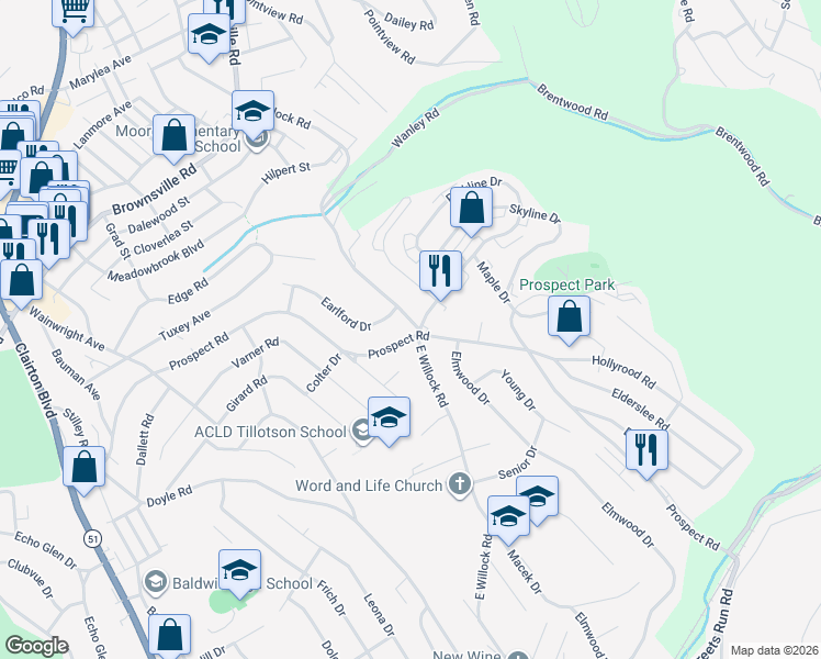 map of restaurants, bars, coffee shops, grocery stores, and more near 1357 Prospect Road in Pittsburgh