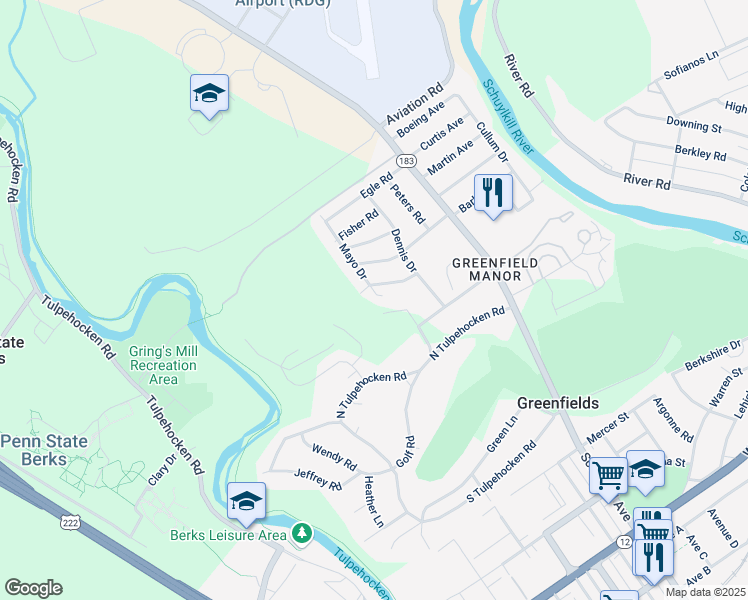 map of restaurants, bars, coffee shops, grocery stores, and more near 2036 Mayo Drive in Reading