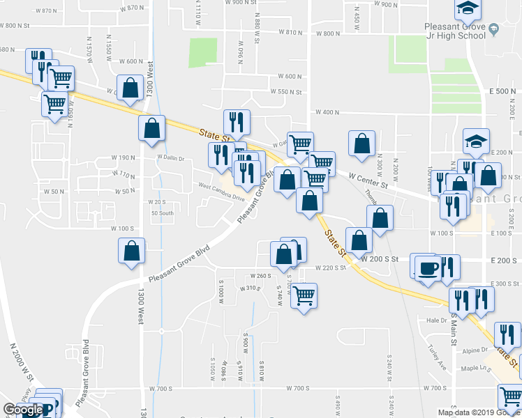 map of restaurants, bars, coffee shops, grocery stores, and more near 159 South Pleasant Grove Boulevard in Pleasant Grove