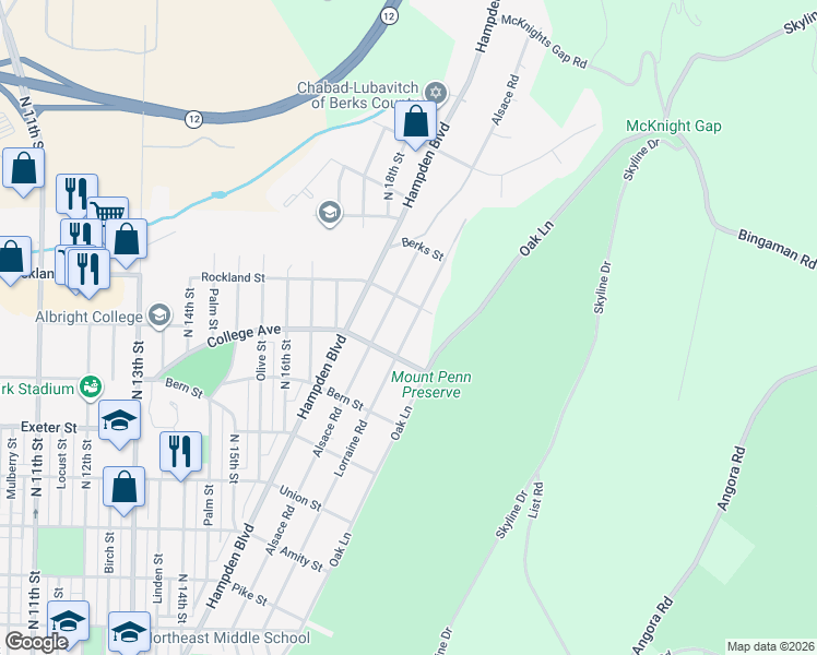 map of restaurants, bars, coffee shops, grocery stores, and more near 1916 Lorraine Road in Reading