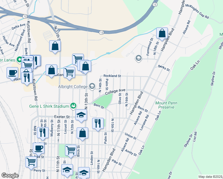 map of restaurants, bars, coffee shops, grocery stores, and more near 1901 North 15th Street in Reading