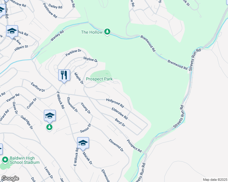 map of restaurants, bars, coffee shops, grocery stores, and more near 1612 Carmella Drive in Pittsburgh