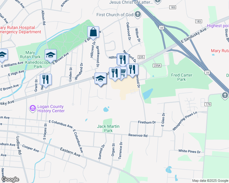 map of restaurants, bars, coffee shops, grocery stores, and more near Red Bud Hill Apartment in Bellefontaine