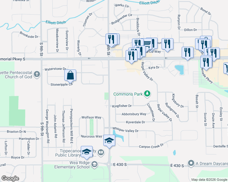 map of restaurants, bars, coffee shops, grocery stores, and more near 30 Kingfisher Circle in Lafayette