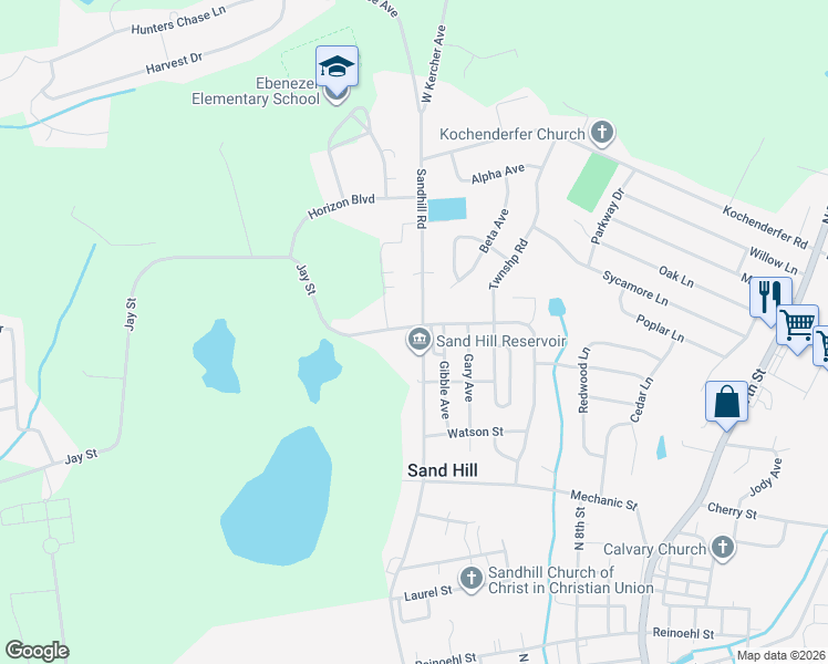 map of restaurants, bars, coffee shops, grocery stores, and more near 1425 Sandhill Road in Lebanon