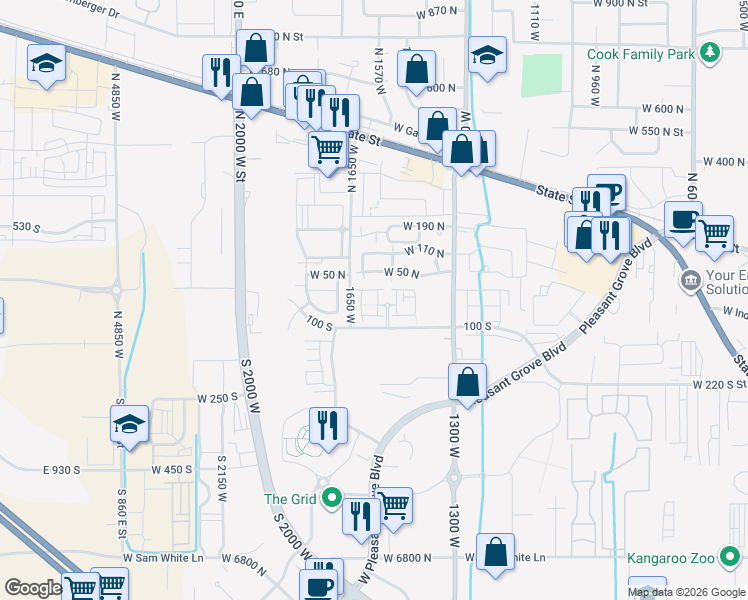 map of restaurants, bars, coffee shops, grocery stores, and more near 36 South 1580 West in Pleasant Grove