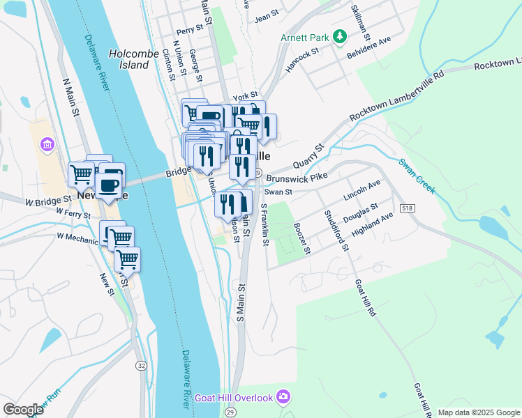 map of restaurants, bars, coffee shops, grocery stores, and more near 65 South Franklin Street in Lambertville