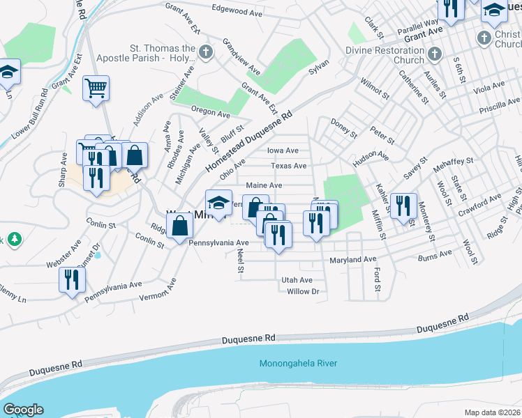 map of restaurants, bars, coffee shops, grocery stores, and more near 1809 Vermont Avenue in West Mifflin