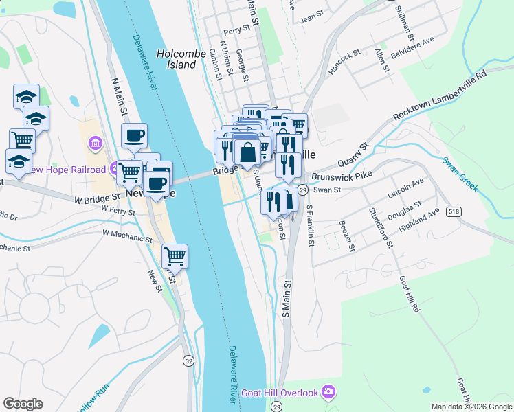 map of restaurants, bars, coffee shops, grocery stores, and more near 49 South Union Street in Lambertville