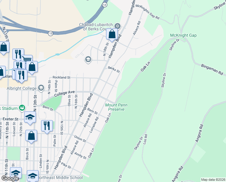 map of restaurants, bars, coffee shops, grocery stores, and more near 1933 Lorraine Road in Reading