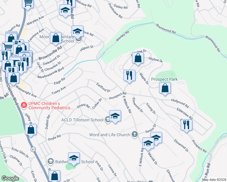 map of restaurants, bars, coffee shops, grocery stores, and more near 1326 Earlford Drive in Pittsburgh
