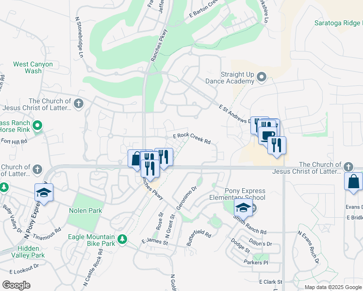 map of restaurants, bars, coffee shops, grocery stores, and more near 8114 North Rock Creek Cove Lane in Eagle Mountain