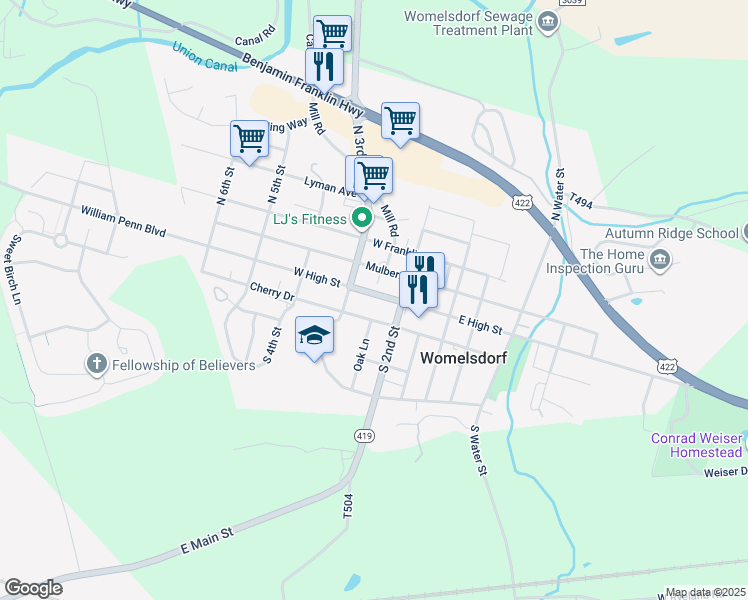 map of restaurants, bars, coffee shops, grocery stores, and more near 232 West High Street in Womelsdorf