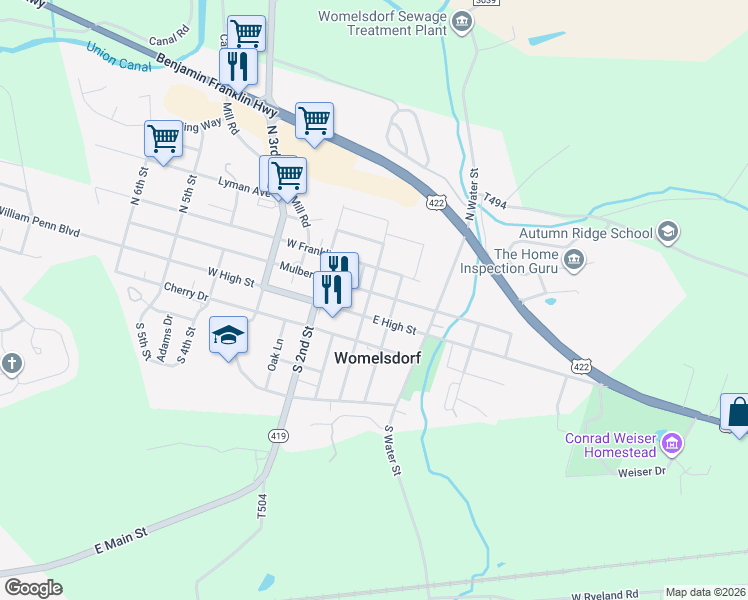 map of restaurants, bars, coffee shops, grocery stores, and more near 107 West High Street in Womelsdorf
