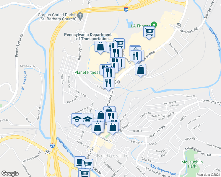map of restaurants, bars, coffee shops, grocery stores, and more near 112 Washington Ave in Bridgeville