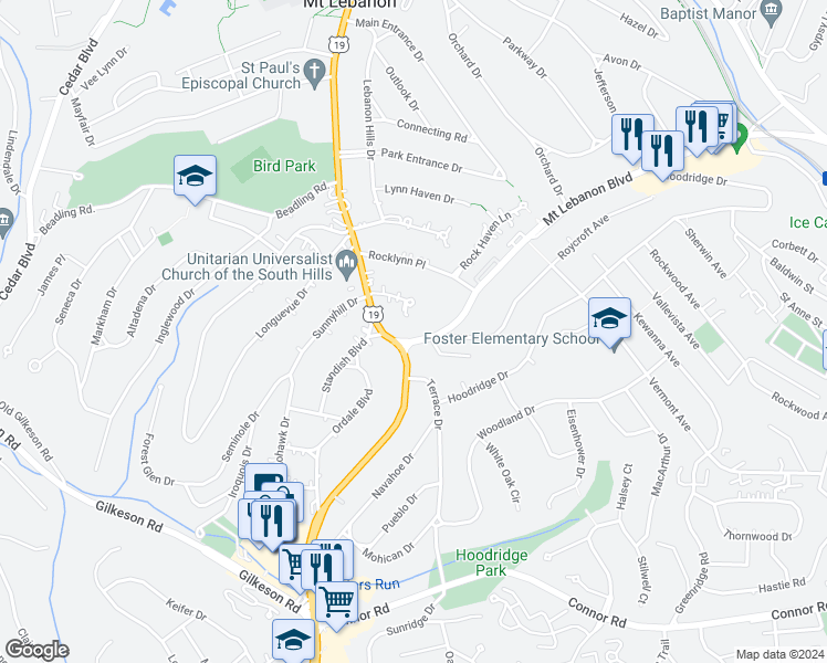 map of restaurants, bars, coffee shops, grocery stores, and more near 11 Mount Lebanon Boulevard in Pittsburgh