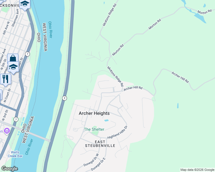 map of restaurants, bars, coffee shops, grocery stores, and more near 1445 Archer Hill Road in Brooke