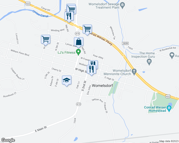 map of restaurants, bars, coffee shops, grocery stores, and more near 157 West High Street in Womelsdorf