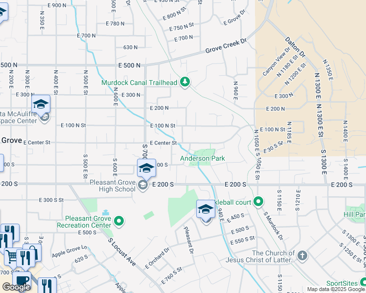map of restaurants, bars, coffee shops, grocery stores, and more near 838 East Center Street in Pleasant Grove